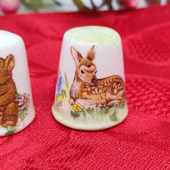 3 Baby Bunny Rabbit Deer Oregon Thimble Fine Bone China Made England Mayflower - Picture 4 of 6